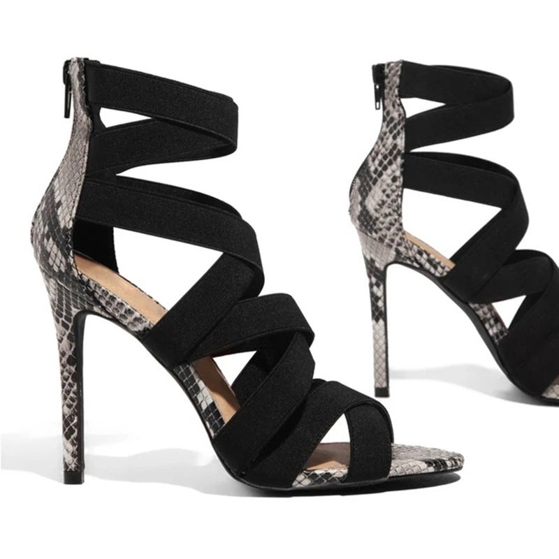 High heels with cross ties snake pattern thin High Heels Sandals